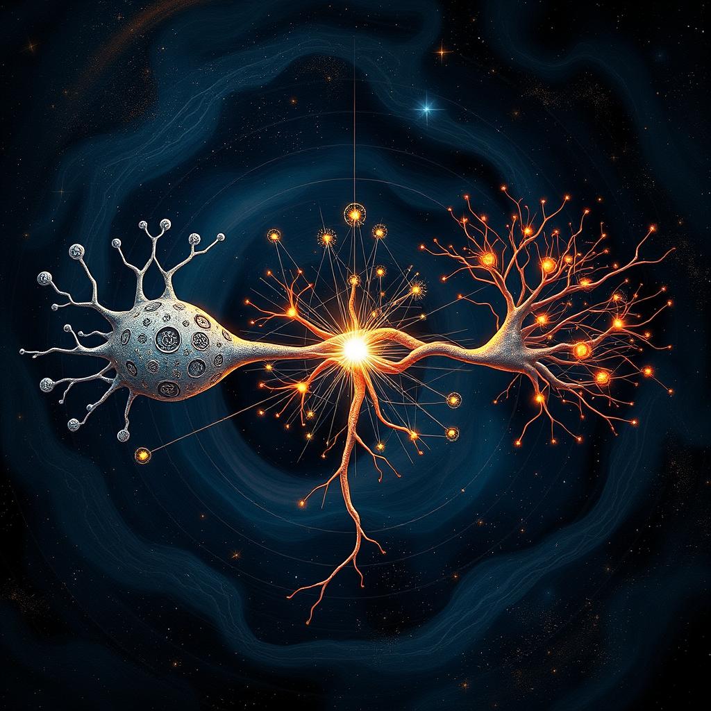 An intricate and abstract depiction of three neurons connecting at the synapse, each representing a different field: philosophy, quantum physics, and neuroscience