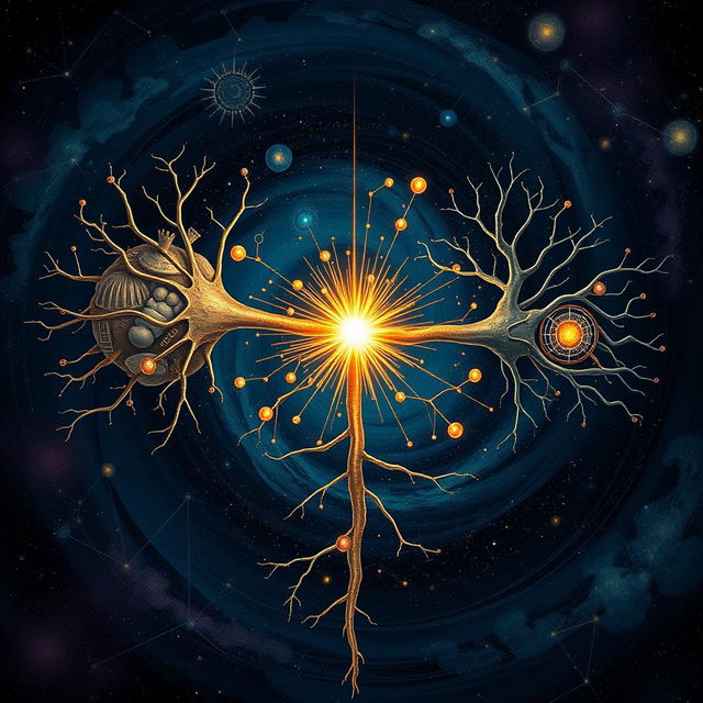 An intricate and abstract depiction of three neurons connecting at the synapse, each representing a different field: philosophy, quantum physics, and neuroscience