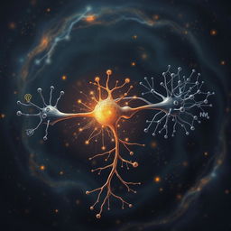 An intricate and abstract depiction of three neurons connecting at the synapse, each representing a different field: philosophy, quantum physics, and neuroscience