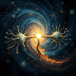 An intricate and abstract depiction of three neurons connecting at the synapse, each representing a different field: philosophy, quantum physics, and neuroscience