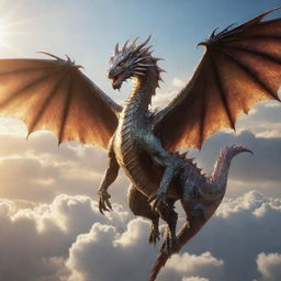 A majestic dragon soaring in the sky with its shimmering scales reflecting the sunlight.