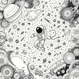 A detailed and tight-knit doodle of an astronaut gracefully floating amidst a complex galaxy scene, surrounded by intricately drawn planets, twinkling stars, and swirling galaxies