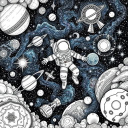 A detailed and tight-knit doodle of an astronaut gracefully floating amidst a complex galaxy scene, surrounded by intricately drawn planets, twinkling stars, and swirling galaxies