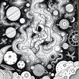 A detailed and tight-knit doodle of an astronaut gracefully floating amidst a complex galaxy scene, surrounded by intricately drawn planets, twinkling stars, and swirling galaxies