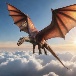 A majestic dragon soaring in the sky with its shimmering scales reflecting the sunlight.