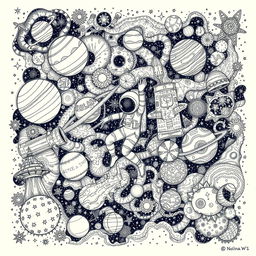 A detailed and tight-knit doodle of an astronaut gracefully floating amidst a complex galaxy scene, surrounded by intricately drawn planets, twinkling stars, and swirling galaxies