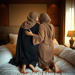 Two curvy women wearing hijabs, barefoot, embracing in a luxurious bed, gently touching each other's lower backs while sharing a soft, sensual kiss