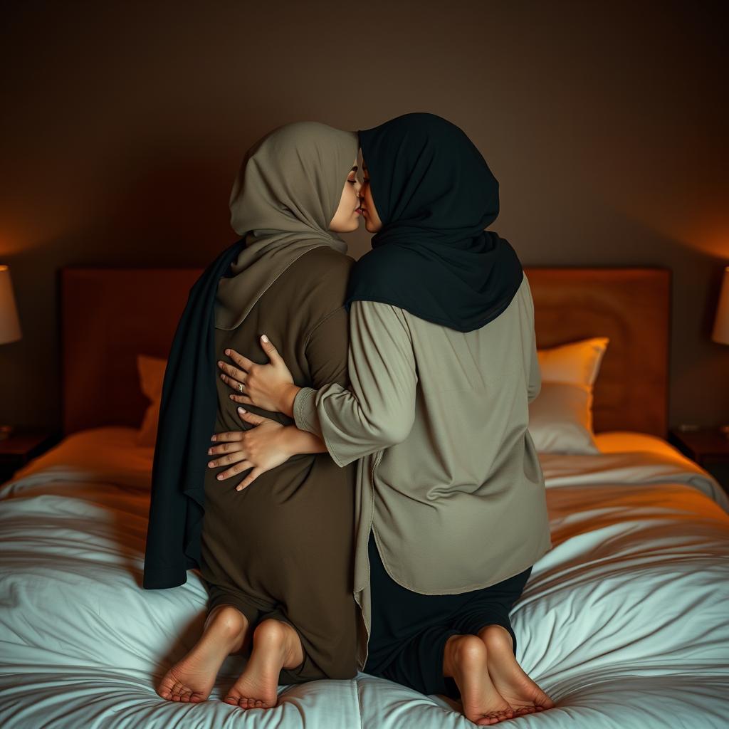 Two curvy women wearing hijabs, barefoot, embracing in a luxurious bed, gently touching each other's lower backs while sharing a soft, sensual kiss