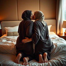 Two curvy women wearing hijabs, barefoot, embracing in a luxurious bed, gently touching each other's lower backs while sharing a soft, sensual kiss