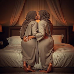 Two curvy women wearing hijabs, barefoot, embracing in a luxurious bed, gently touching each other's lower backs while sharing a soft, sensual kiss