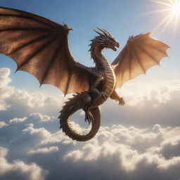 A majestic dragon soaring in the sky with its shimmering scales reflecting the sunlight.