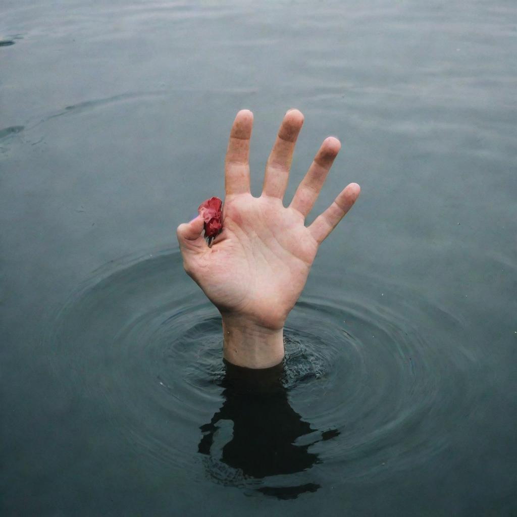 Depict a frentic scene in nature: a hand of a person on the edge of a body of water, reaching out towards a distressed person who is drowning in the water. Emphasize the emotions and desperation without gore or violence.