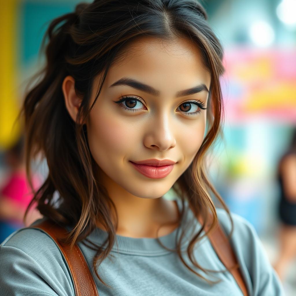 a captivating young adult woman with a charming face and expressive eyes, styled in a casual yet trendy outfit that includes a stylish top that enhances her aesthetic