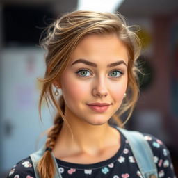 a captivating young adult woman with a charming face and expressive eyes, styled in a casual yet trendy outfit that includes a stylish top that enhances her aesthetic