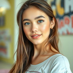 a captivating young adult woman with a charming face and expressive eyes, styled in a casual yet trendy outfit that includes a stylish top that enhances her aesthetic