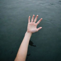 Depict a frentic scene in nature: a hand of a person on the edge of a body of water, reaching out towards a distressed person who is drowning in the water. Emphasize the emotions and desperation without gore or violence.