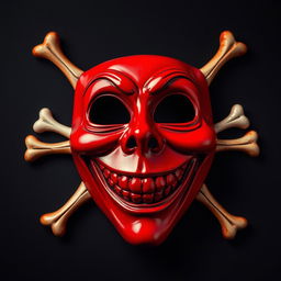 A red mask featuring a big, cheerful smile and deep black eyes, adorned with bones arranged in an X pattern surrounding it