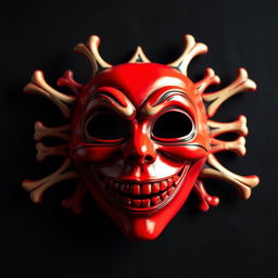 A red mask featuring a big, cheerful smile and deep black eyes, adorned with bones arranged in an X pattern surrounding it