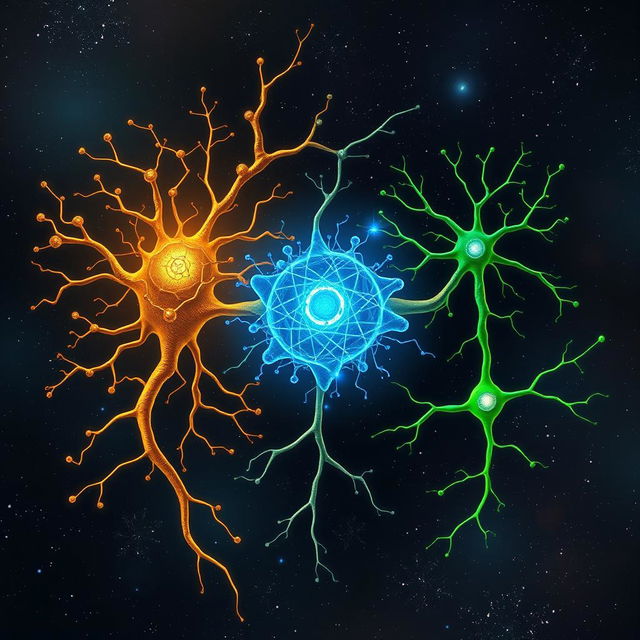 An intricate and visually compelling illustration showcasing three neurons synapsing with one another, each neuron representing an abstract concept: philosophy, quantum physics, and neuroscience