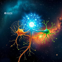 An intricate and visually compelling illustration showcasing three neurons synapsing with one another, each neuron representing an abstract concept: philosophy, quantum physics, and neuroscience