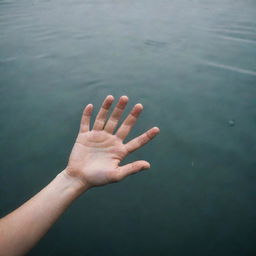 Depict a frentic scene in nature: a hand of a person on the edge of a body of water, reaching out towards a distressed person who is drowning in the water. Emphasize the emotions and desperation without gore or violence.