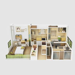 A detailed 2BHK (2 Bedroom, Hall, Kitchen) house model with modern interior design, spacious living room, comfortable bedrooms, a functional kitchen, and ample natural light.