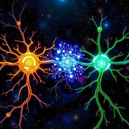 An intricate and visually compelling illustration showcasing three neurons synapsing with one another, each neuron representing an abstract concept: philosophy, quantum physics, and neuroscience