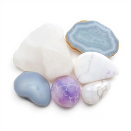 A beautiful array of selenite, blue lace agate, howlite, and lepidolite crystals displayed on a white background