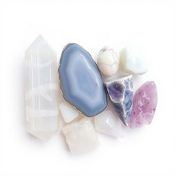 A beautiful array of selenite, blue lace agate, howlite, and lepidolite crystals displayed on a white background