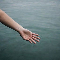 Depict a frentic scene in nature: a hand of a person on the edge of a body of water, reaching out towards a distressed person who is drowning in the water. Emphasize the emotions and desperation without gore or violence.