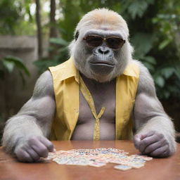 A casual, albino gorilla playing dominoes. It's sporting a half-open colorful button-up shirt, puffing on a cigar, and wearing trendy yellow-tinted sunglasses.