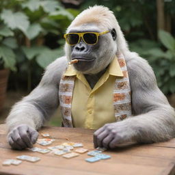 A casual, albino gorilla playing dominoes. It's sporting a half-open colorful button-up shirt, puffing on a cigar, and wearing trendy yellow-tinted sunglasses.