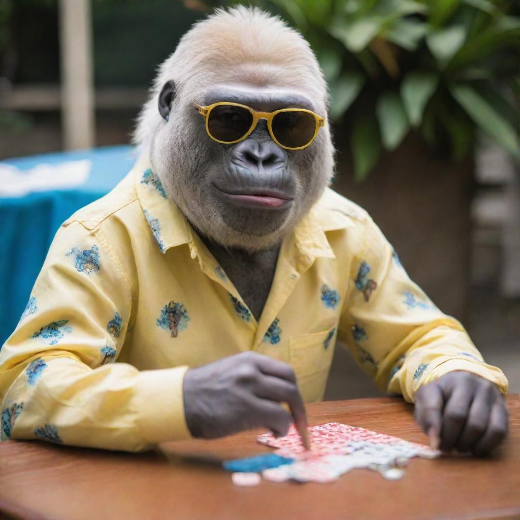 A casual, albino gorilla playing dominoes. It's sporting a half-open colorful button-up shirt, puffing on a cigar, and wearing trendy yellow-tinted sunglasses.