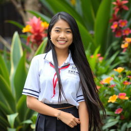 A beautiful and confident Indonesian high school girl in a traditional school uniform