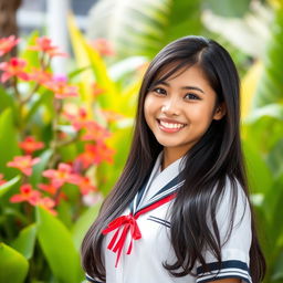 A beautiful and confident Indonesian high school girl in a traditional school uniform