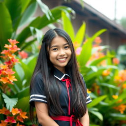 A beautiful and confident Indonesian high school girl in a traditional school uniform