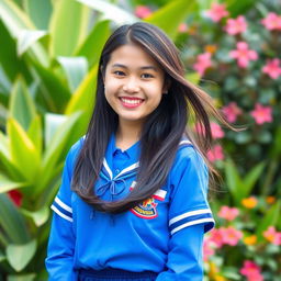 A beautiful and confident Indonesian high school girl in a traditional school uniform