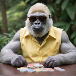 A casual, albino gorilla playing dominoes. It's sporting a half-open colorful button-up shirt, puffing on a cigar, and wearing trendy yellow-tinted sunglasses.