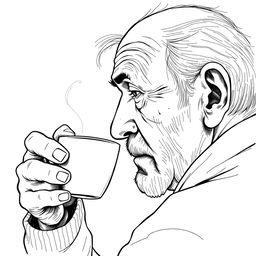 Viewed from the side, an old man drinking a cup of hot coffee with a little steam rising from the cup