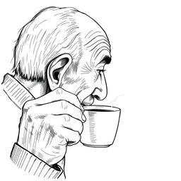 Viewed from the side, an old man drinking a cup of hot coffee with a little steam rising from the cup