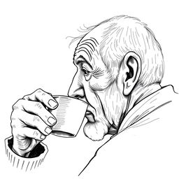 Viewed from the side, an old man drinking a cup of hot coffee with a little steam rising from the cup