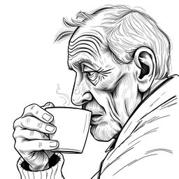 Viewed from the side, an old man drinking a cup of hot coffee with a little steam rising from the cup