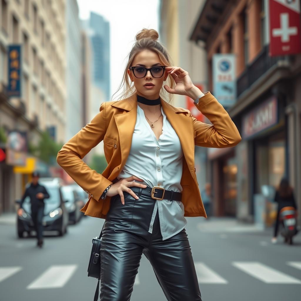 A street scene with a confident woman embracing her fashion-forward style