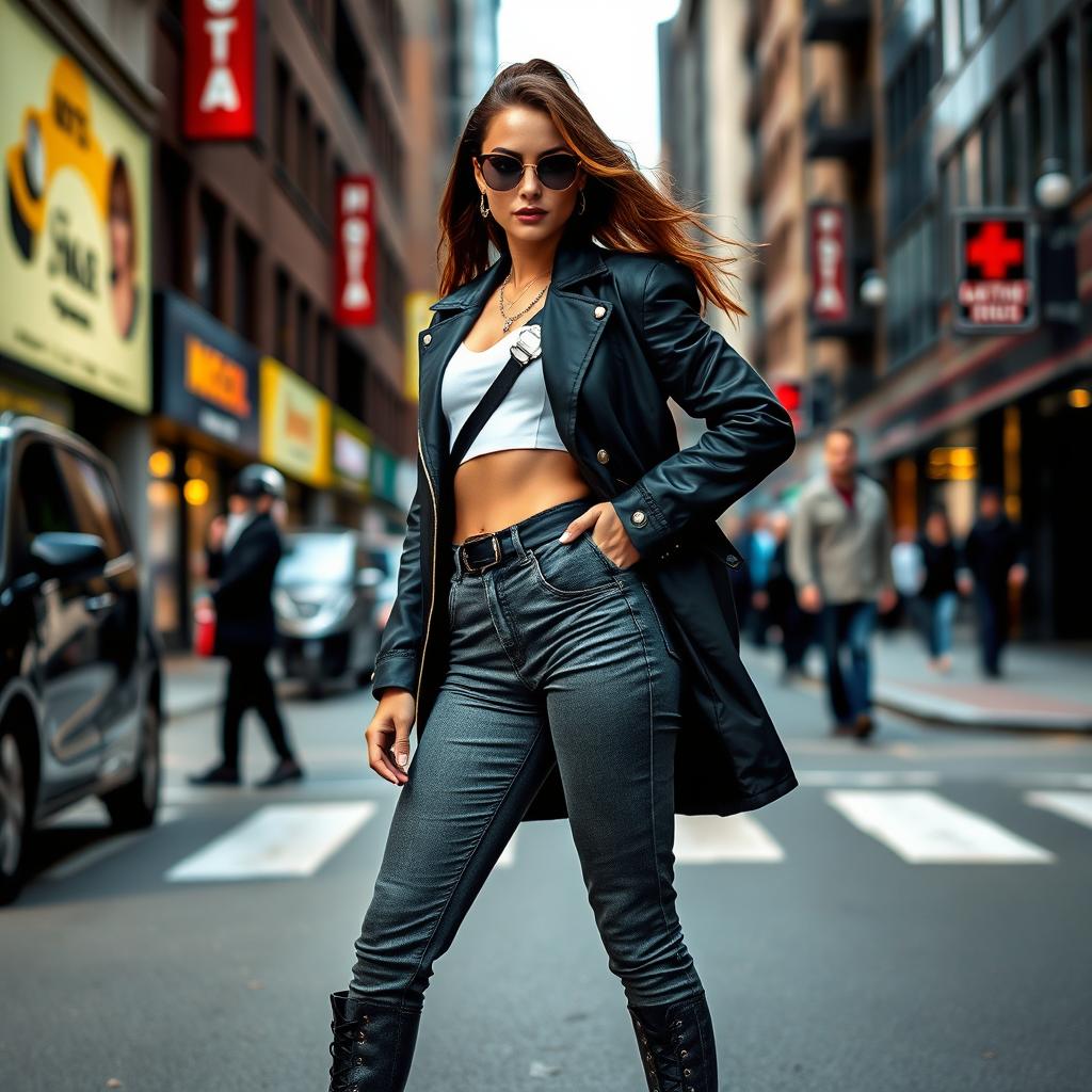 A street scene with a confident woman embracing her fashion-forward style