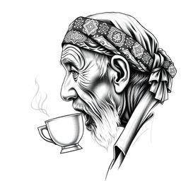 For the shirt logo, a side view of an old man drinking a cup of hot coffee, wearing a Javanese batik patterned headband