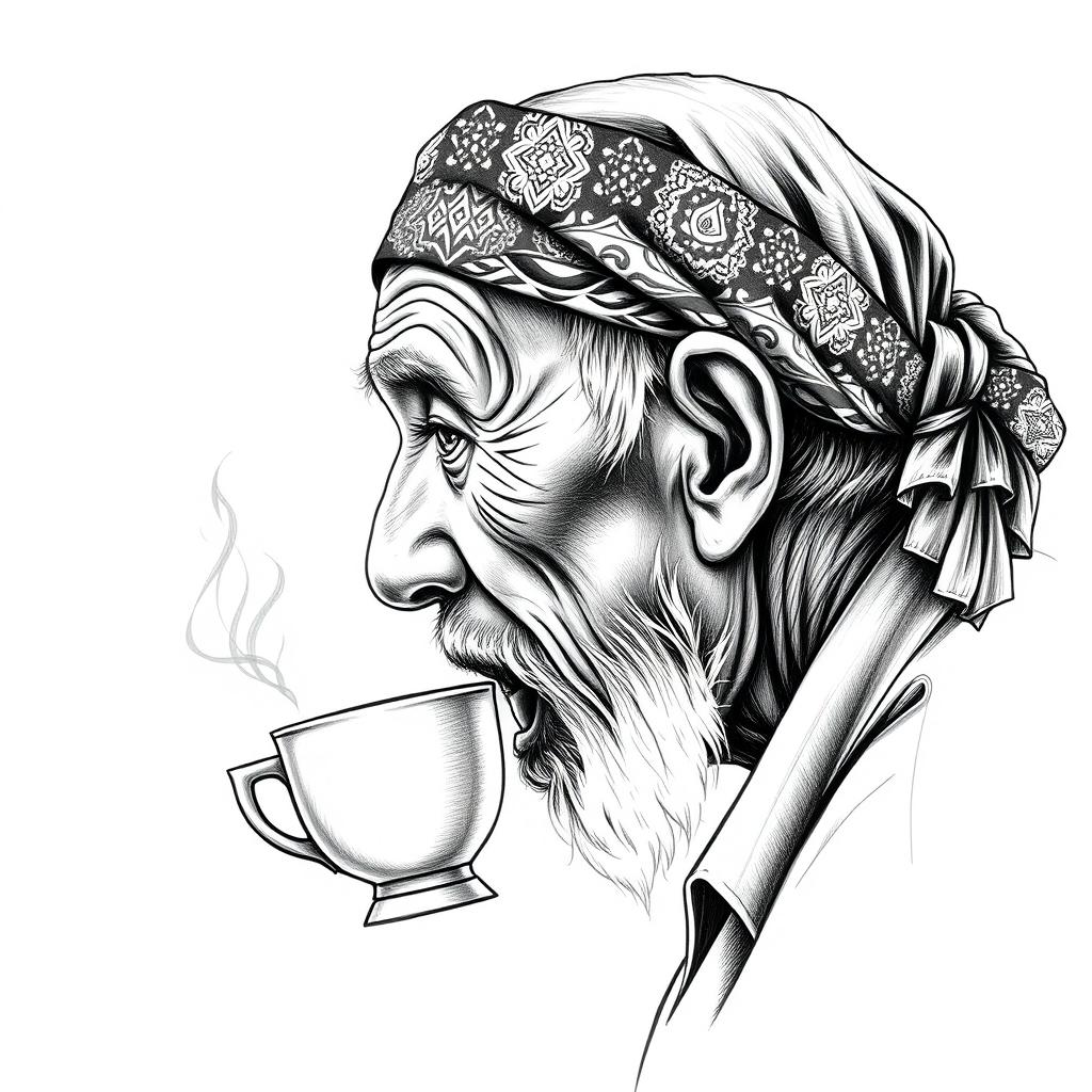 For the shirt logo, a side view of an old man drinking a cup of hot coffee, wearing a Javanese batik patterned headband