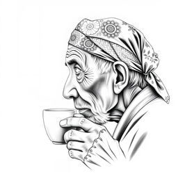 For the shirt logo, a side view of an old man drinking a cup of hot coffee, wearing a Javanese batik patterned headband