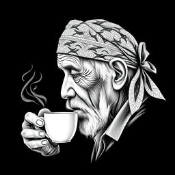 For the shirt logo, a side view of an old man drinking a cup of hot coffee, wearing a Javanese batik patterned headband