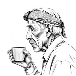 For the shirt logo, a side view of an old man drinking a cup of hot coffee, wearing a Javanese batik patterned headband