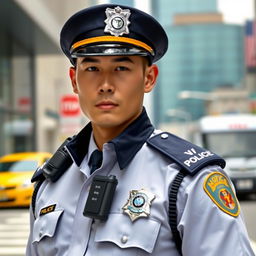 A handsome police officer with a mixed Chinese and American ethnicity, showcasing striking features that reflect both heritages, in a confident and authoritative pose